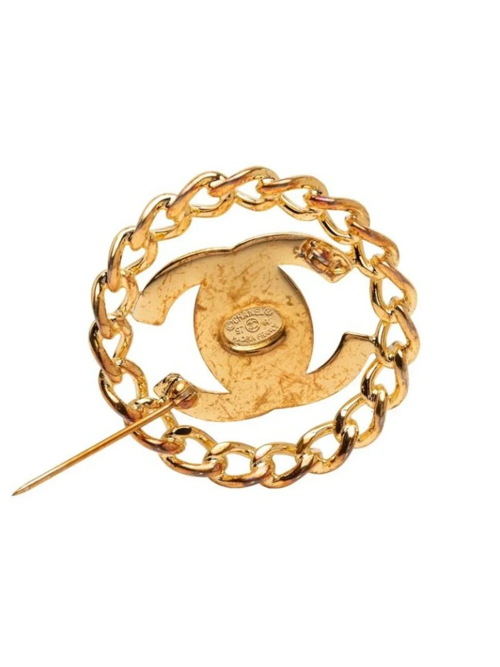 Chanel CC Logo Turnlock Chain Motif Vintage Brooch Gold Plated